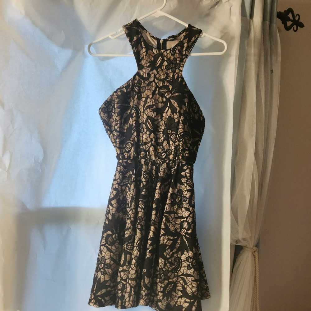 Black Lace and Tan Midi Cocktail Party Dress Size Medium NWOT